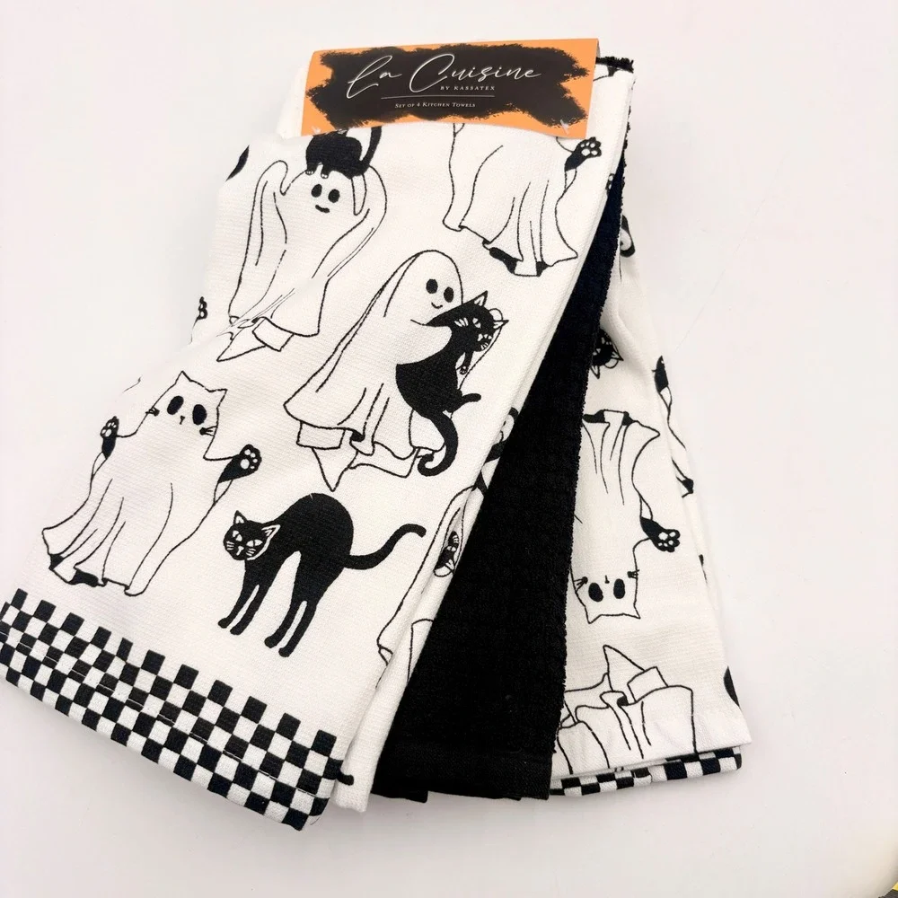 La Cuisine by Kassatex Halloween Ghost Black Cat Kitchen Towels Set of 4 Cotton‎